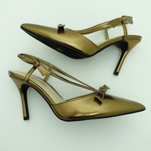 Nine West Metallic Bronze Slingback Stiletto Pointed Toe Bow Heels - Size 6.5 - Picture 6 of 8